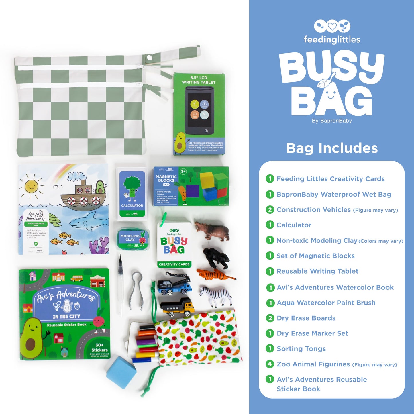BapronBaby Feeding Littles Busy Bag (Sage Checkerboard) - Toddler Travel Activity Kit, Restaurant Activity Kit for Independent and Family-Wide Play, Age 3+