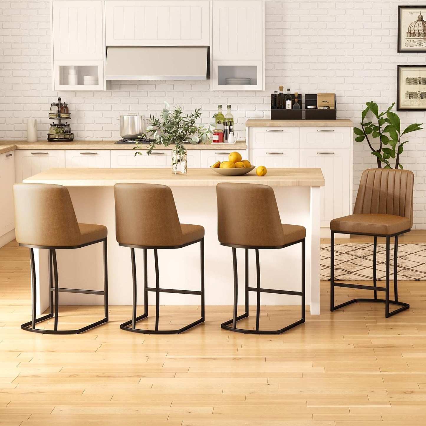 Counter Height Bar Stools Set of 4, Upholstered Leather Barrel Barstools with Back and Metal Legs for Kitchen Island, 27.4" Seat Height, Fabric in Faux Leather, Rustic Brown