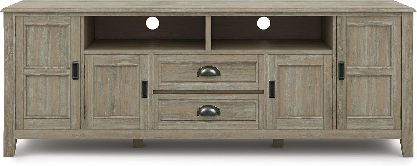 SIMPLIHOME Burlington SOLID WOOD 72 inch Wide Transitional TV Media Stand in Distressed Grey For TVs up to 80 inches for the Living Room and Entertainment Center
