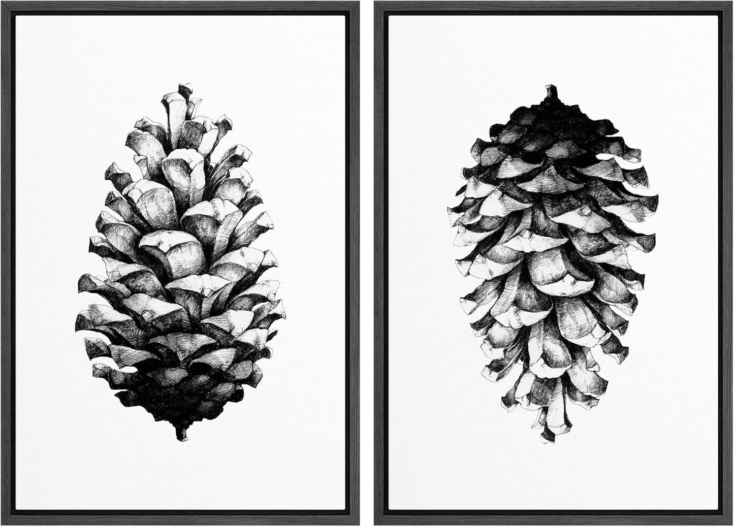 SIGNWIN Framed Canvas Print Wall Art Set Black & White Forest Woodland Pinecone Nature Wilderness Illustrations Modern Art Rustic Relax/Calm for Living Room, Bedroom, Office - 16"x24"x2 Black
