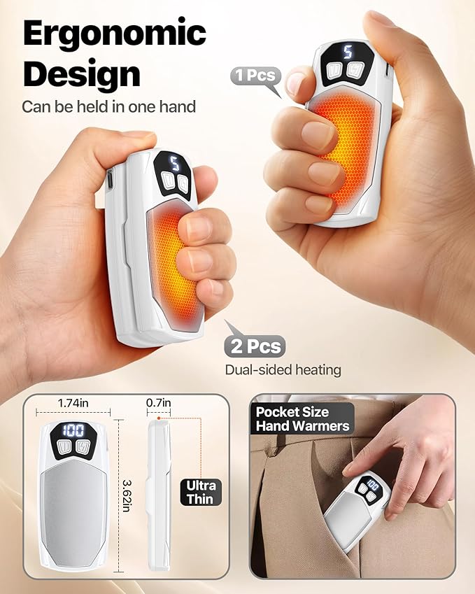 Kesguar Hand Warmers Rechargeable 2 Pack - 6000mAh Electric AI Handwarmers, LED Display & 5-Level Heating, 20Hrs Long Lasting, 2-in-1 Portable Heater, Gifts for Men/Women/Golf/Hunting