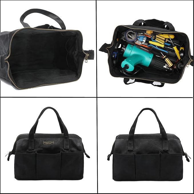 Tool Bag with Zipper, Heavy Duty 16oz Waxed Canvas Wide Mouth Tool Tote Bag, 13-inch Muti-Purpose Storage Tool Pouch with Side Pockets