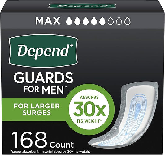 Depend Guards Incontinence Pads for Men, Maximum Absorbency, 168 Count (2 Packs of 84), Packaging May Vary