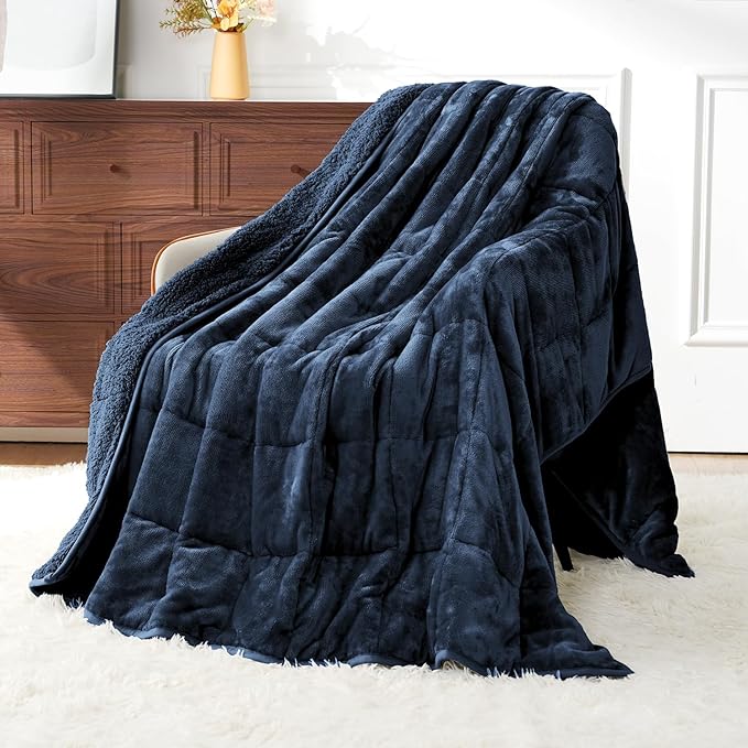 Uttermara Weighted Blankets for Adults Full Size, 15lbs 48x72 inches Blanket with Soft Warm Plush Sherpa Fleece, Washable Thick Heavy Throw for Sleep, Anxiety and Calming, Navy Blue
