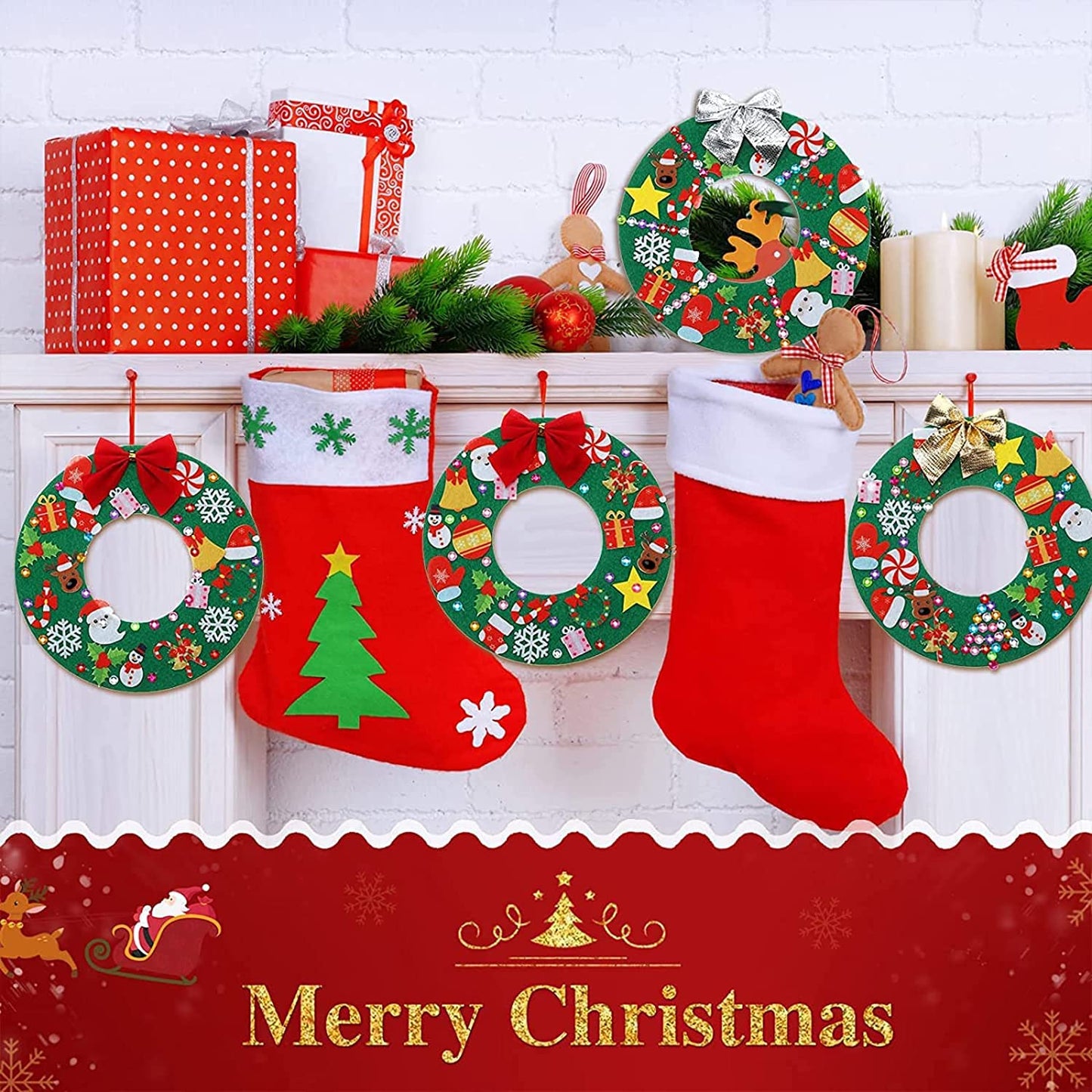Tatuo 24 Pcs Felt Christmas Tree Wreath Decorating Craft Christmas DIY Ornaments Making Kit with 221 Self Adhesive Felt Stickers 12 Bows and 5 Gem Stickers (Donut Style)