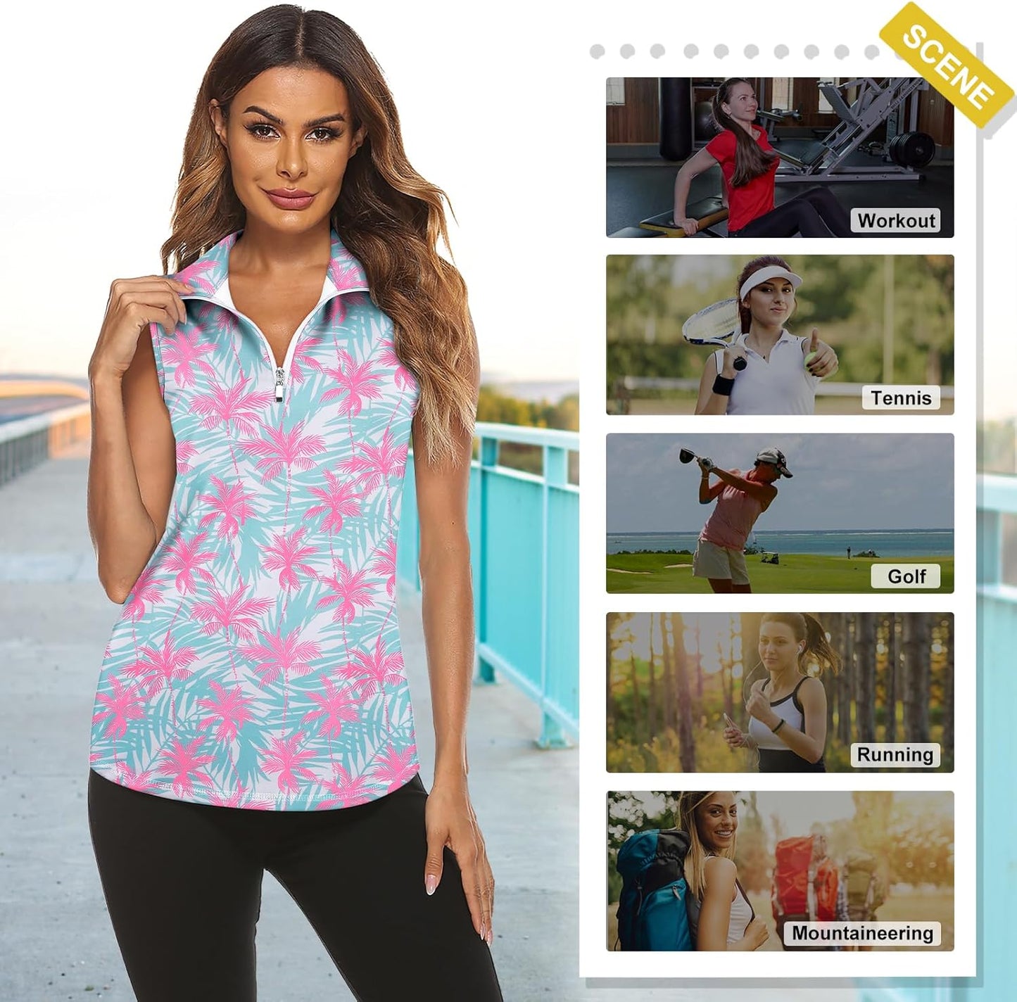 Koscacy Women's Sleeveless Golf Tennis Polo Shirts Zip Up Dry Fit Workout Tank Tops Athletic Shirt