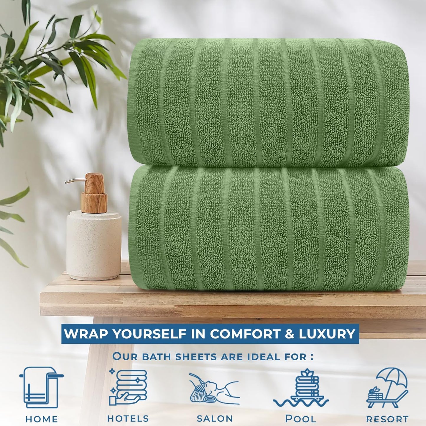 DAN RIVER Pack of 2 Bath Sheet 35x70 Inches, Extra Large Ribbed Quick Dry Bath Towels for Bathroom, Soft Absorbent Towels - Sage Green