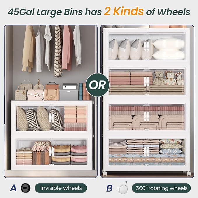 540QT Extra Large Stackable Storage Bins with Lid, 135Gal Collapsible Closet Organizer Box with Wheels, Folding Plastic Storage Cabinet with Doors for Home Kitchen Office Dorm, 3Pack White