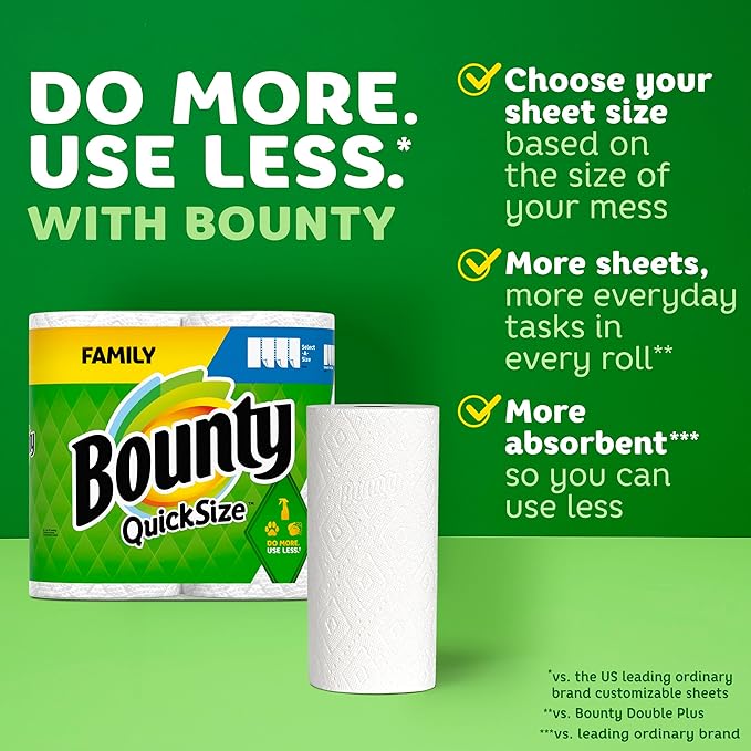 Bounty Quick Size Paper Towels, White, 8 Family Rolls = 20 Regular Rolls (Packaging May Vary)