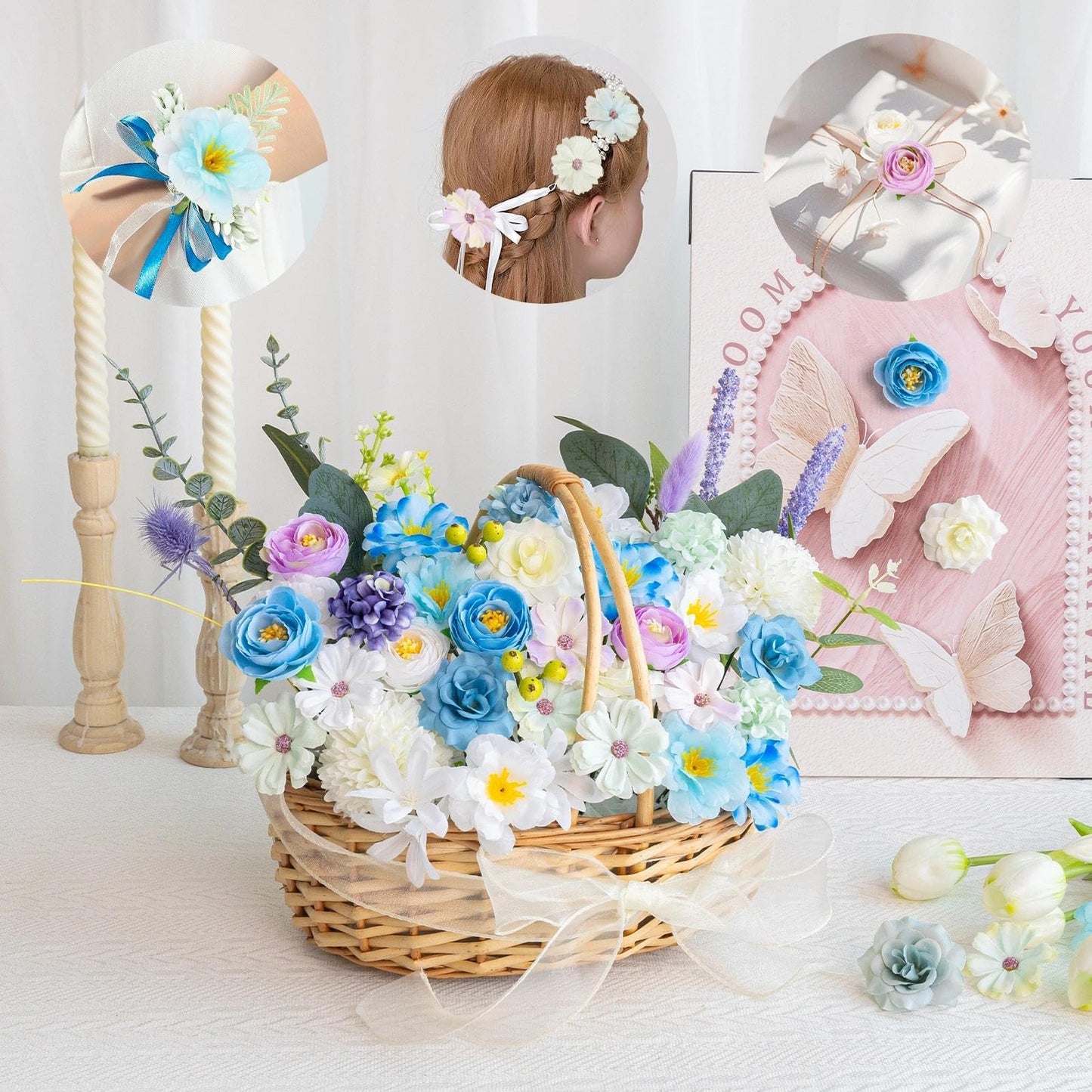 ATTGREAT Fake Flower Heads Mini Silk Flowrs Bulk Small Flower 3D Loose Faux Daisy Rose Sunflowers Plum Blossoms Craft for Wedding Party Cake Baby Shower Home Decor, 110Pcs(Blue)