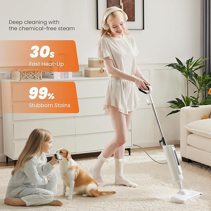 Sweetcrispy Steam Mop for Floor Cleaning,Lightweight Floor Steamer Cleaner for Hardwood/Tile/Laminate Floors Carpet, 2 Washable Pad,White and Grey