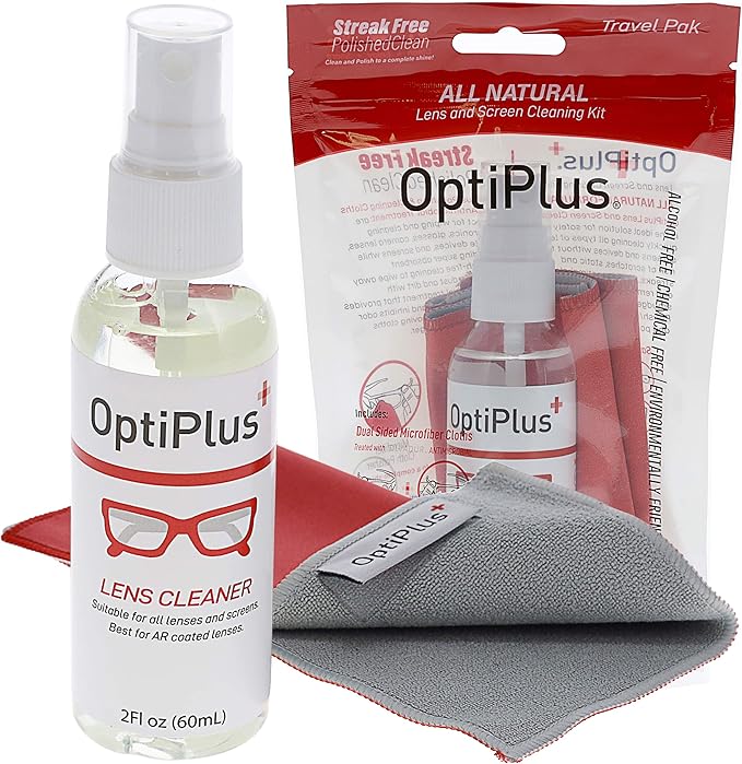 OptiPlus All-Natural Lens Cleaning Spray and Dual-Purpose Microfiber Cloth | Streak-Free Spray for Glasses, Laptops Screens, Smart Phones, Optical Lens, Goggles, and Watch Screen l Travel Size l 2oz