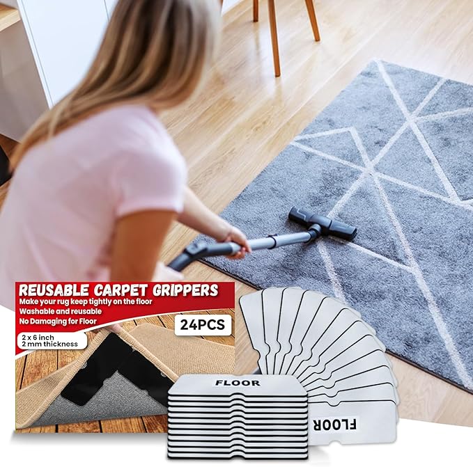 Rug Carpet Non Slip Grippers, Reusable Double Sided Carpet Tape Pads, Strong Adhesive Grippers for Area Rugs, Keep Corners Flat, No Damaging for Floor Removable,16Pcs