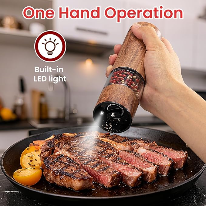 Rechargeable Electric Salt and Pepper Grinder Set – Automatic Salt and Pepper Shakers with Wood Base, Adjustable Coarseness, LED Light, One-Hand Operation Salt and Pepper Shakers Set