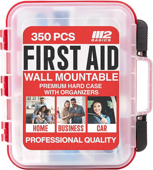 M2 BASICS Professional 350-Piece Emergency First Aid Kit for Home, Business, Car, Vehicle & Office – Organized Dual-Layer Hard Case, Wall-Mountable Medical Supply Organizer, OSHA Workplace Safety