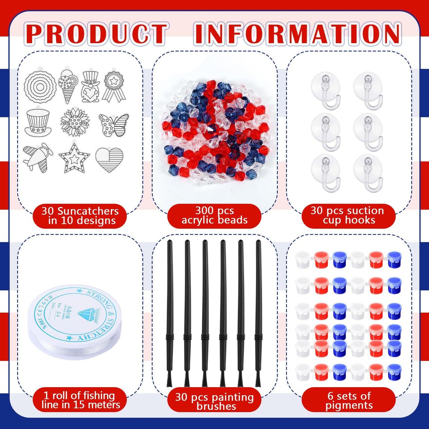 WinnerWhy 30 Sets 4th of July Crafts Bulk, Patriotic 250th Anniversary Stained Glass Sun Catcher Art Kits for Memorial Day Home Party Project Activities Hanging Ornaments