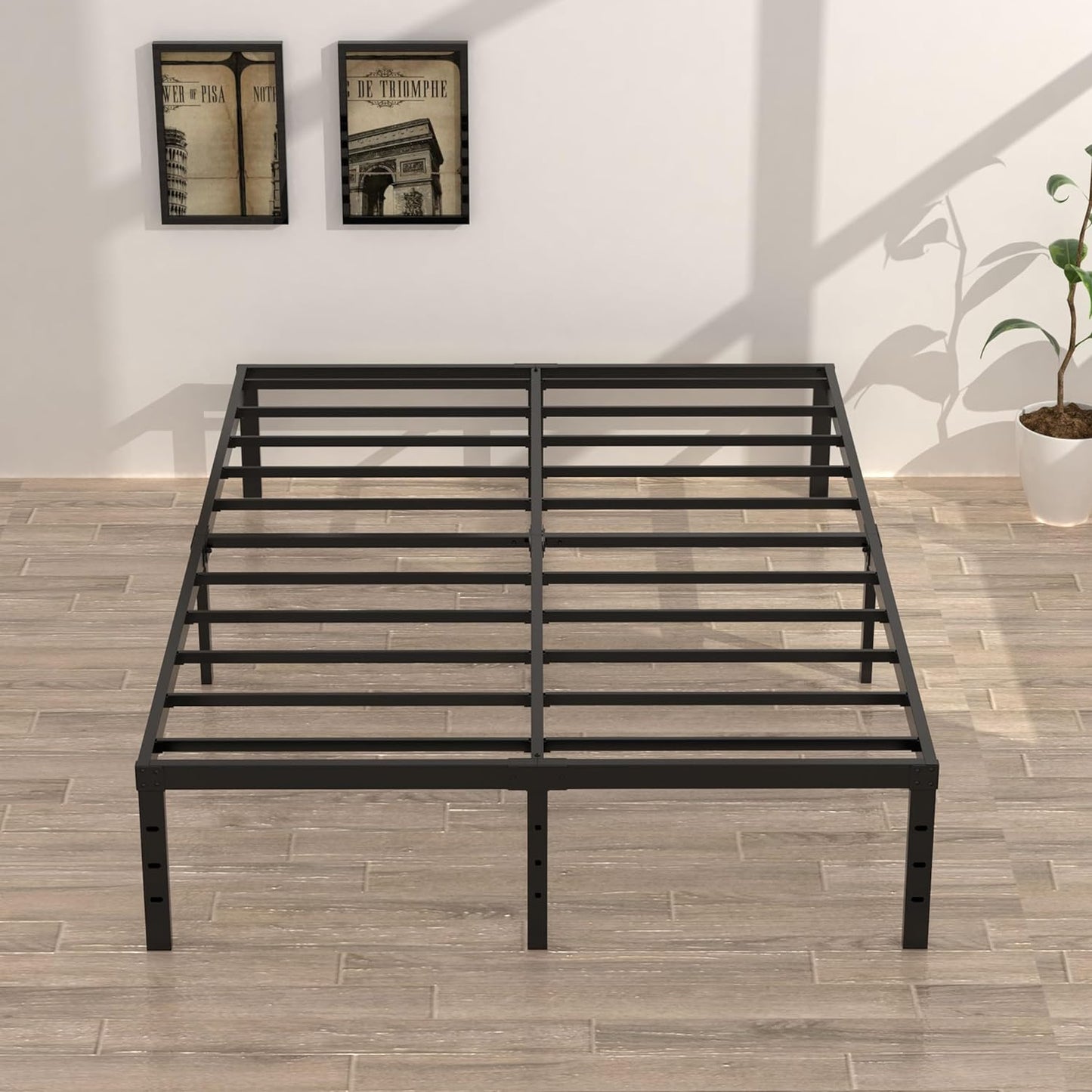 18 Inch Queen Bed Frame No Box Spring Required, Metal Platform Queen Size Bed Frames with High Storage, Eassy Assembly 3,500 Lbs Heavy Duty Bedframes, Black