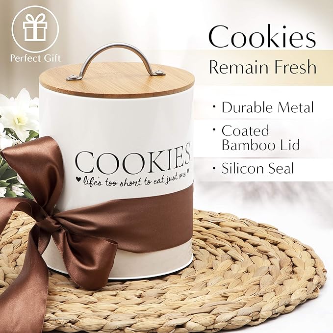 D'Lifeful Cookie Jar with Airtight Bamboo Lid – 0.6 Gallon Cute and Decorative Cookie Storage for Kitchen Countertop – Farmhouse Storage Tin for Freshness – Great Gift Idea