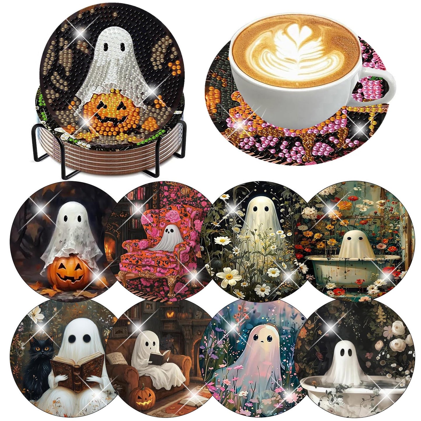 8 Pack Halloween Diamond Art Coasters Kits, Halloween Diamond Painting Coasters Kit with Holder, DIY Ghost Diamonds Art Non Slip Coaster Crafts Kits for Adults Gifts 4x4 inch (Cork Wooden Pad)