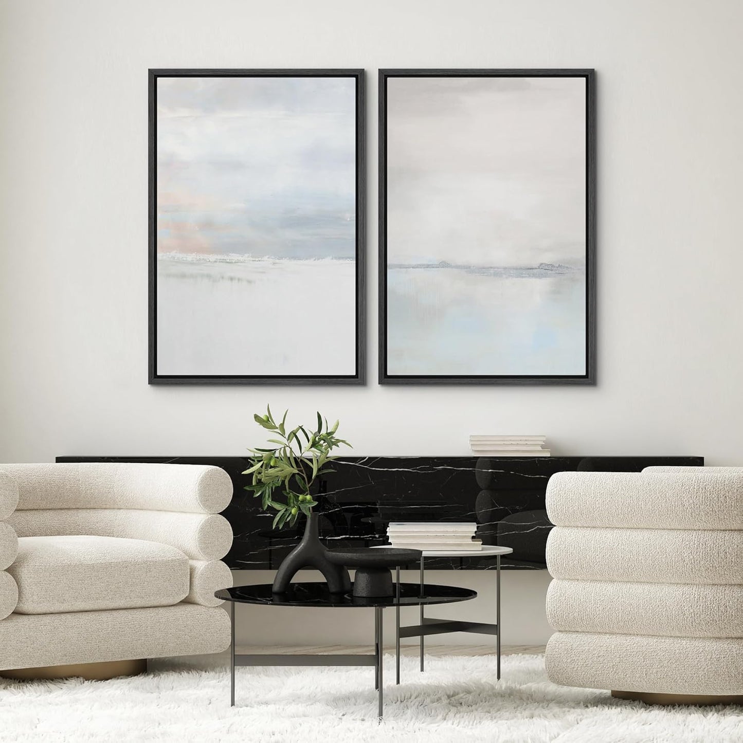SIGNWIN Framed Canvas Print Wall Art Set Pastel Gray Watercolor Landscape Abstract Shapes Illustrations Minimal Decorative Boho Nordic Relax/Zen for Living Room, Bedroom, Office - 16"x24"x2 Black