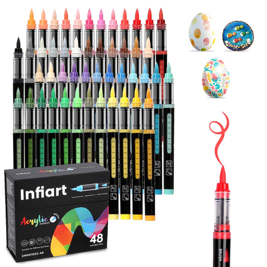 Infiart 48 Colors Acrylic Paint Markers Brush Tip, Automatic Ink Control Acrylic Paint Pens Waterproof Acrylic Markers Set for Holiday Decorations, Stone, Wood, Glass, DIY & Art Supplies