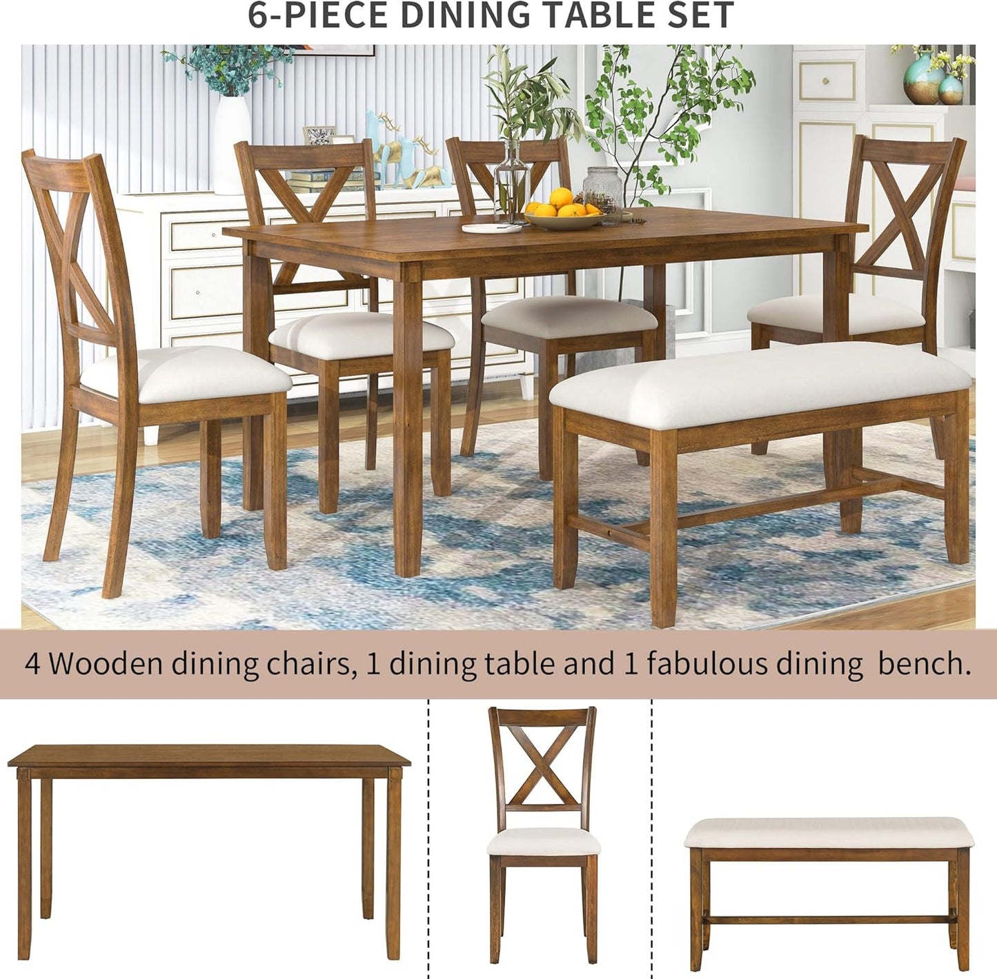 6 Pieces Dining Table Set with 60" Rectangle Kitchen Desk,Living Room Furniture W/ 4 "X-Shaped Curved Backres Fabric Chairs & 1 Bench,for Restaurant,Home Bistro,Natural Cherry