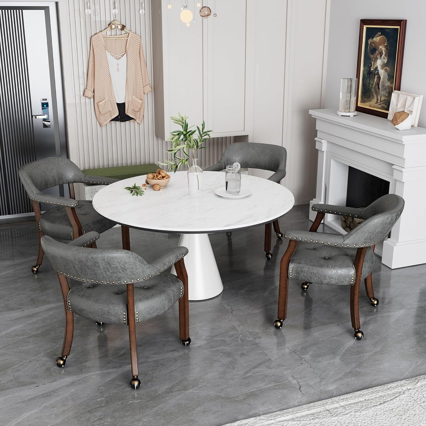 LEEMTORIG Large Dining Chairs with Casters and Arms, Rolling Dining Chairs with Wheels, Accent Wood Boss Caption's Chairs, 26" D x 25.2" W x 31.5" H, Cherry Legs & Dark Grey Fabric SY-1533-GY
