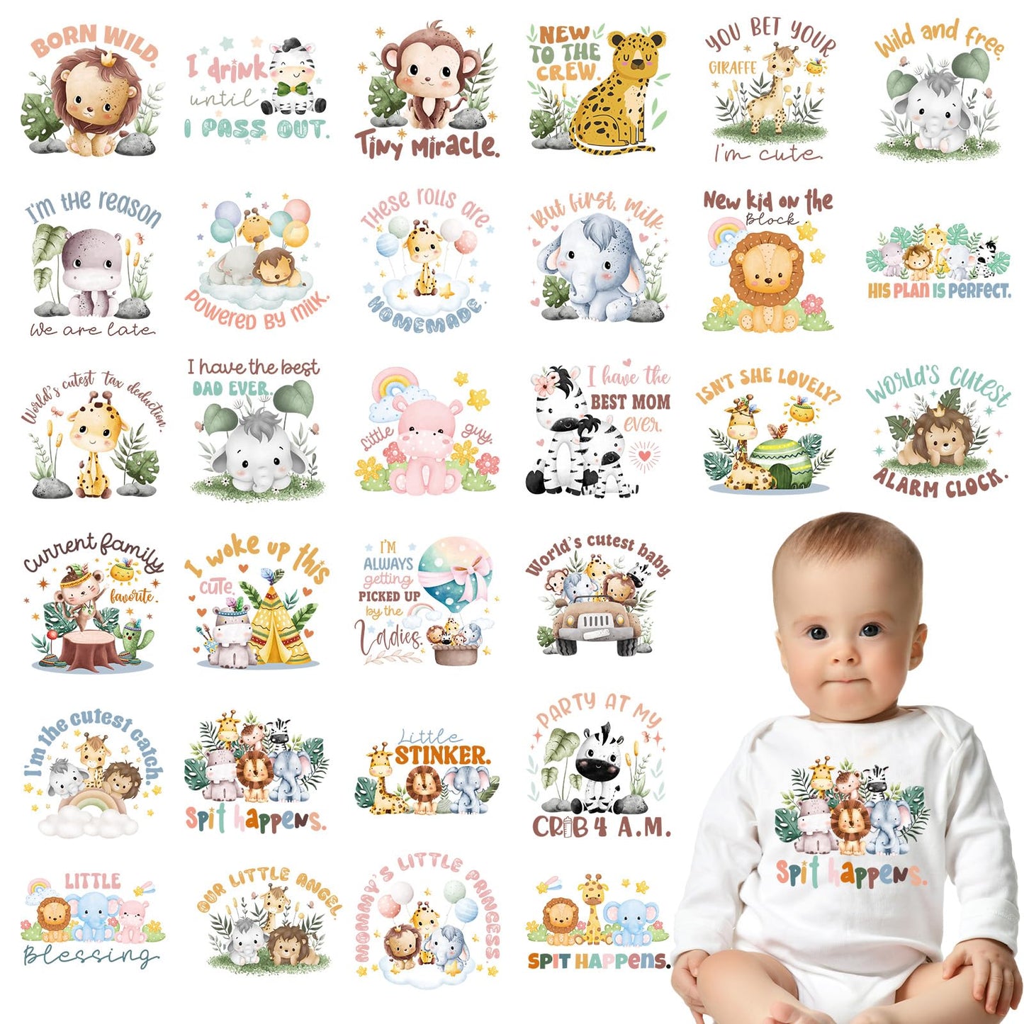 Falueqg Baby Shower Iron on Transfer - 30Pcs Dtf Transfers Ready to Press, Jungle Safari Animal Baby Onesie Decorating Kit Iron on Decals Patches, Cute Heat Trasnefer Stickers for Baby Bibs