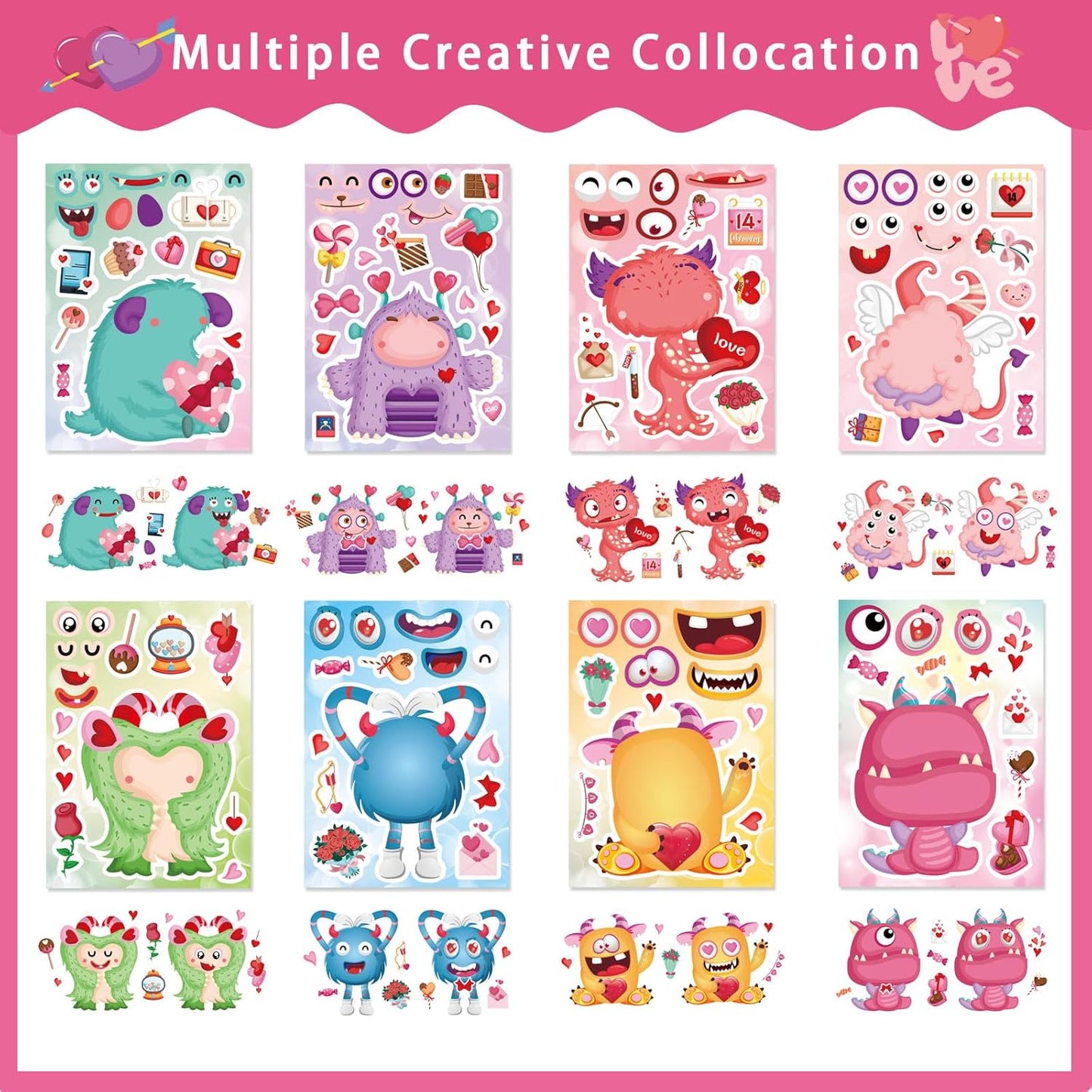 DUJAA Make a Monster Face Stickers 24PCS Valentine's Day Stickers for Kids, Monster Theme Crafts Party Game School Classroom Reward Gift