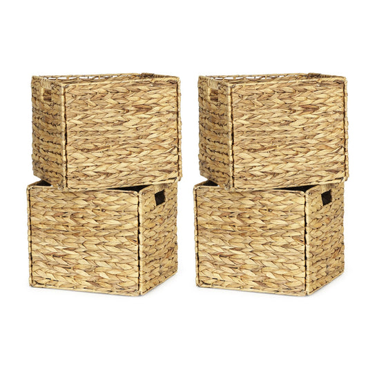 WEAVELYRICS Rectangular Storage Baskets 13x11in, 4 Pack Water Hyacinth Wicker Bins with Handles, Foldable Natural Organizer for Shelves Kitchen Closet, Handwoven Storage Cubes