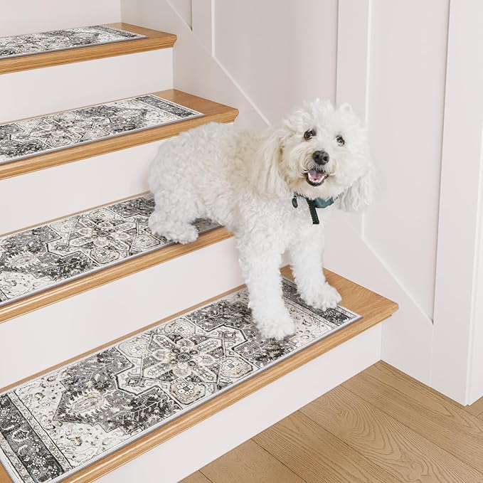 OJIA Stair Treads Non Slip for Wooden Steps Indoor 15PCS Carpet Stair Treads, Rubber Backing Stair Carpet Treads, Residue Free 8"x30" Staircase Step Treads Edging Stair Rugs for Kids & Pets, Gray