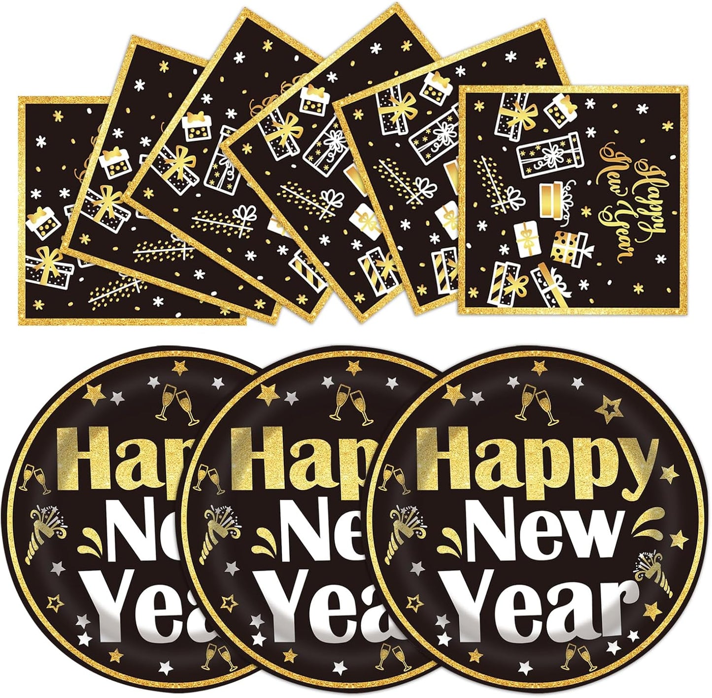 40PCS Happy New Year Paper Plates and Napkins Party Supplies, Disposable New Year Party Plates and Napkins Tableware Set for 2025 New Years Eve Party Decorations Serves 20 Guests (New Year)