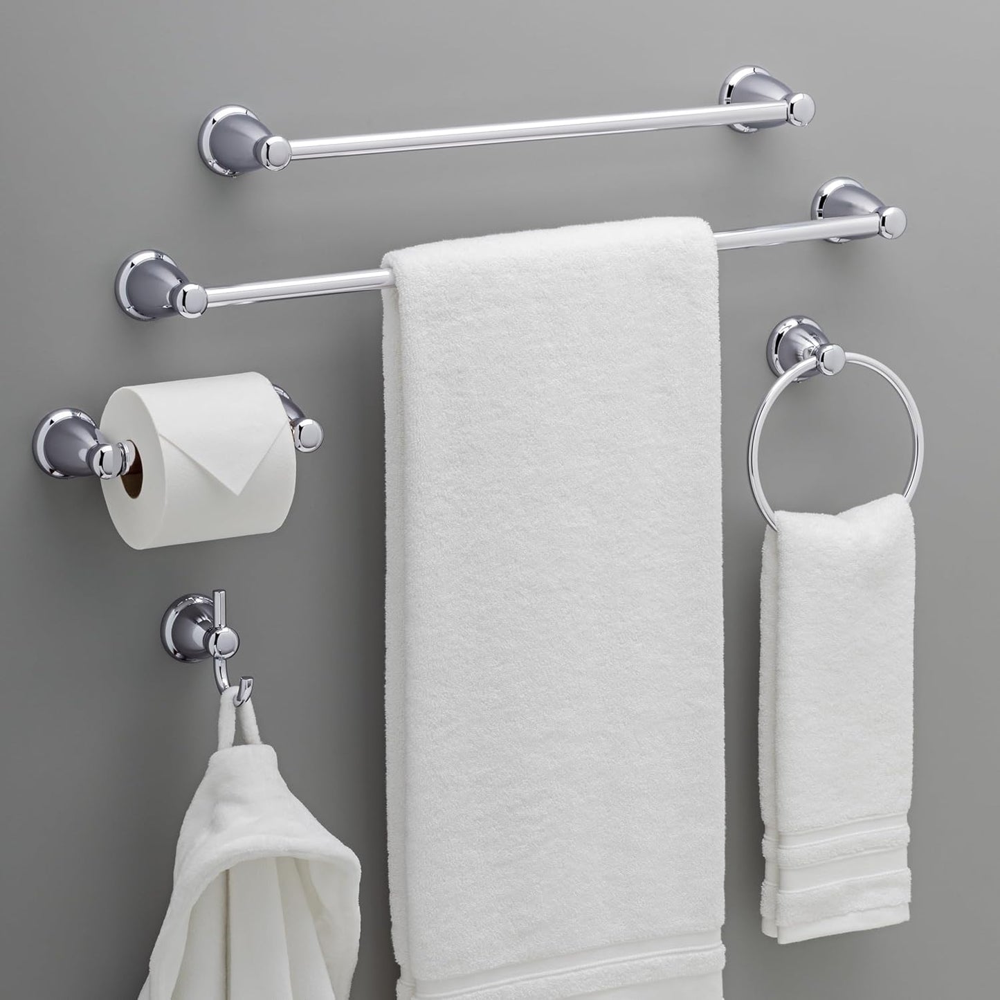 Franklin Brass Kinla 5-Piece Bathroom Set Polished Chrome 18" and 24" Towel Bar Racks,Toilet Paper Holder, Ring, Hook KIN5PC-PC