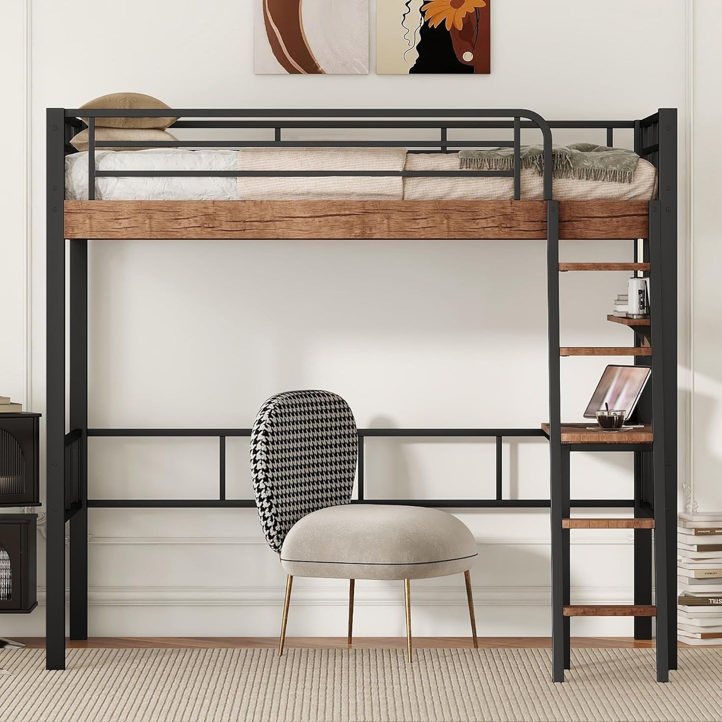 Metal Twin Size Loft Bed with Built-in Desk,Storage Shelf and Ladder,Full-Length Guardrails and Secured Metal Slats, High LoftBed W/Large Storage Space for Kids Teens Adults Bedroom,Black