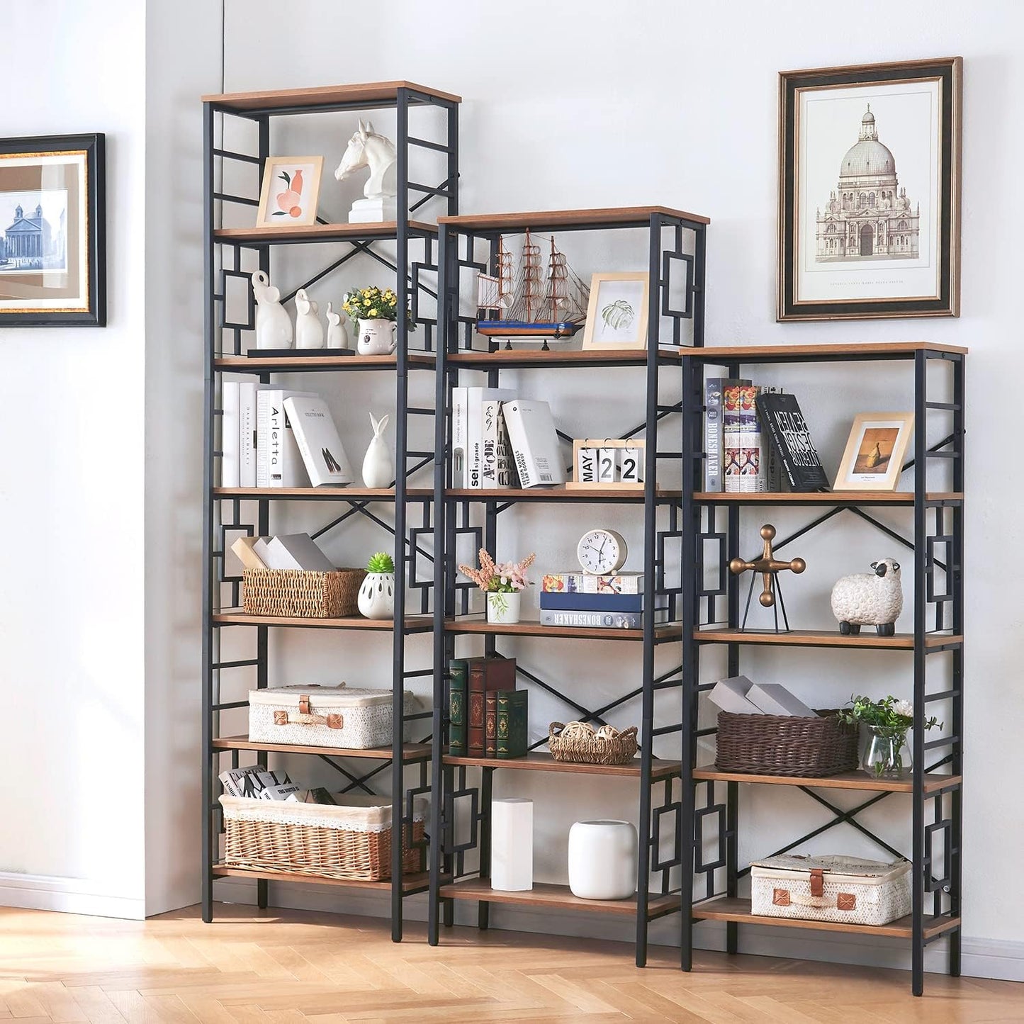HOMISSUE Bookcase,6-Tier Tall Bookshelf Metal Bookcase and Bookshelves, Free Standing Storage Modern Bookshelf for Home Office Living Room and Bedroom, Rustic Brown