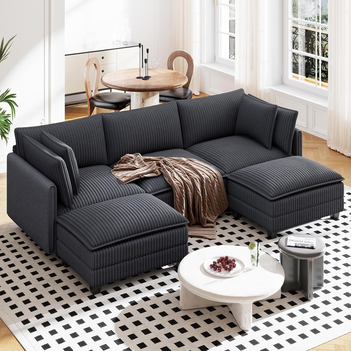 Vesgantti 109" U Shaped Cloud Sectional Sofa, Comfy Corduroy Upholstered Sectional Modular Sofas for Living Room, Modern Modular Couch with 2 Ottoman Deep Seat, Dark Grey