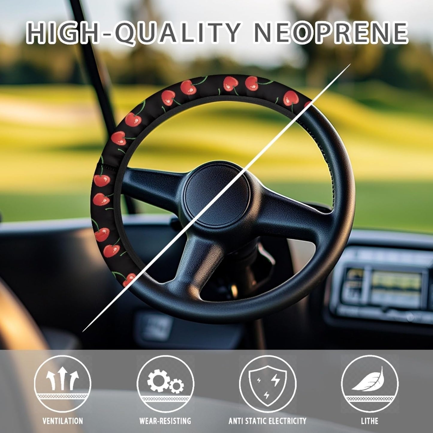 Red Cherry Golf Cart Steering Wheel Cover 13 Inch - 14 Inch Golf Cart Steering Wheel Covers Sun Shade Protector Accessories