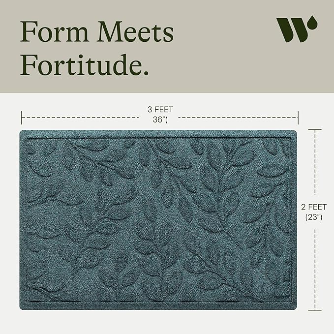 WaterHog Welcome Mat for Indoor/Outdoor, 2’ x 3’, Made in USA, Durable & Water-Resistant, Dirt Trapping Mat, Decorative Front Door and Entryway Rug, Brittney Leaf Design, Bluestone