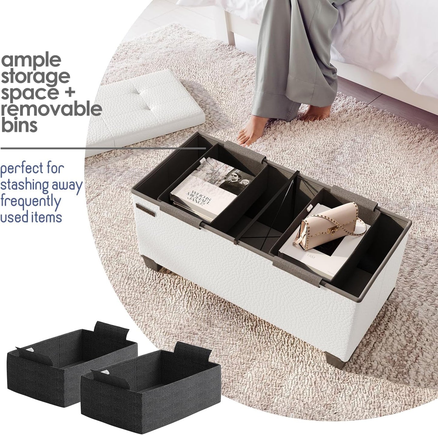 STORAGEBUD Storage Ottoman Bench with Bins, 30-in Storage Bench for Bedroom End of Bed, Folding Foot Rest Ottoman for Living Room Max 660lbs, Faux Leather Ottomans, Cream