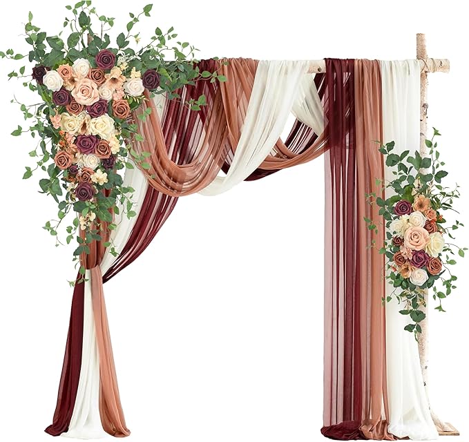 Wedding Arch Flowers with Drapes Kit (Pack of 5) - 2pcs Artificial Sunset Terracotta & Burgundy Deluxe Swag with 3pcs Sheer Drapes for Wedding Ceremony Arbor Reception Backdrop Decoration