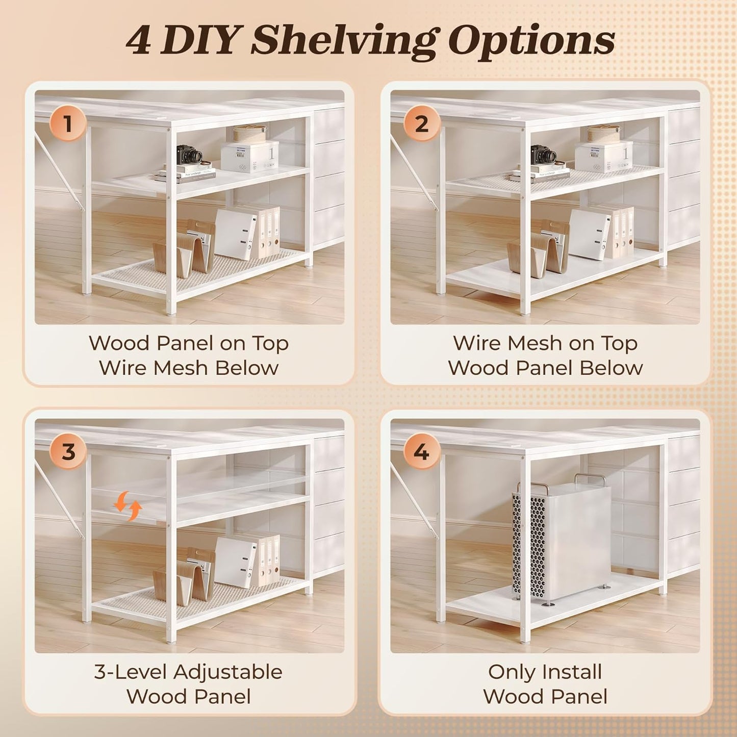 PRAISUN 53" L Shaped Desk with Power Outlets and USB-C Port, Reversible Computer Corner Office Desk with 4 Fabric Drawers and 2 Height-Adjustable Shelves, Large for Gaming Writing Work Study, White