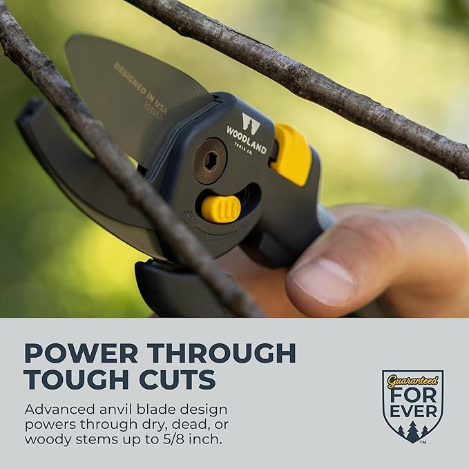 Woodland Tools Co. Heavy Duty Anvil Pruning Shears – 5/8" Cut Capacity, High Carbon Steel Blade, Internal Spring, Adjustable Grip Slider, Garden Pruner for Dry Branches, Stems, and Dead Growth
