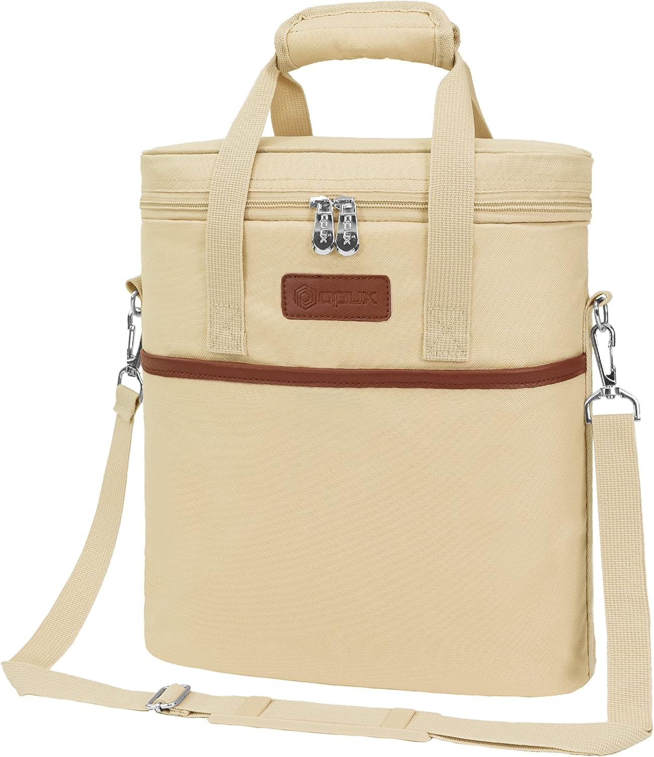 OPUX 3 Bottle Wine Carrier Tote, Insulated Leakproof Wine Cooler Bag, Wine Travel Bag Tote for Picnic Beach, Portable Wine Bottle Carrying Case, Gift for Wine Lover Women Men Christmas, Beige Cream