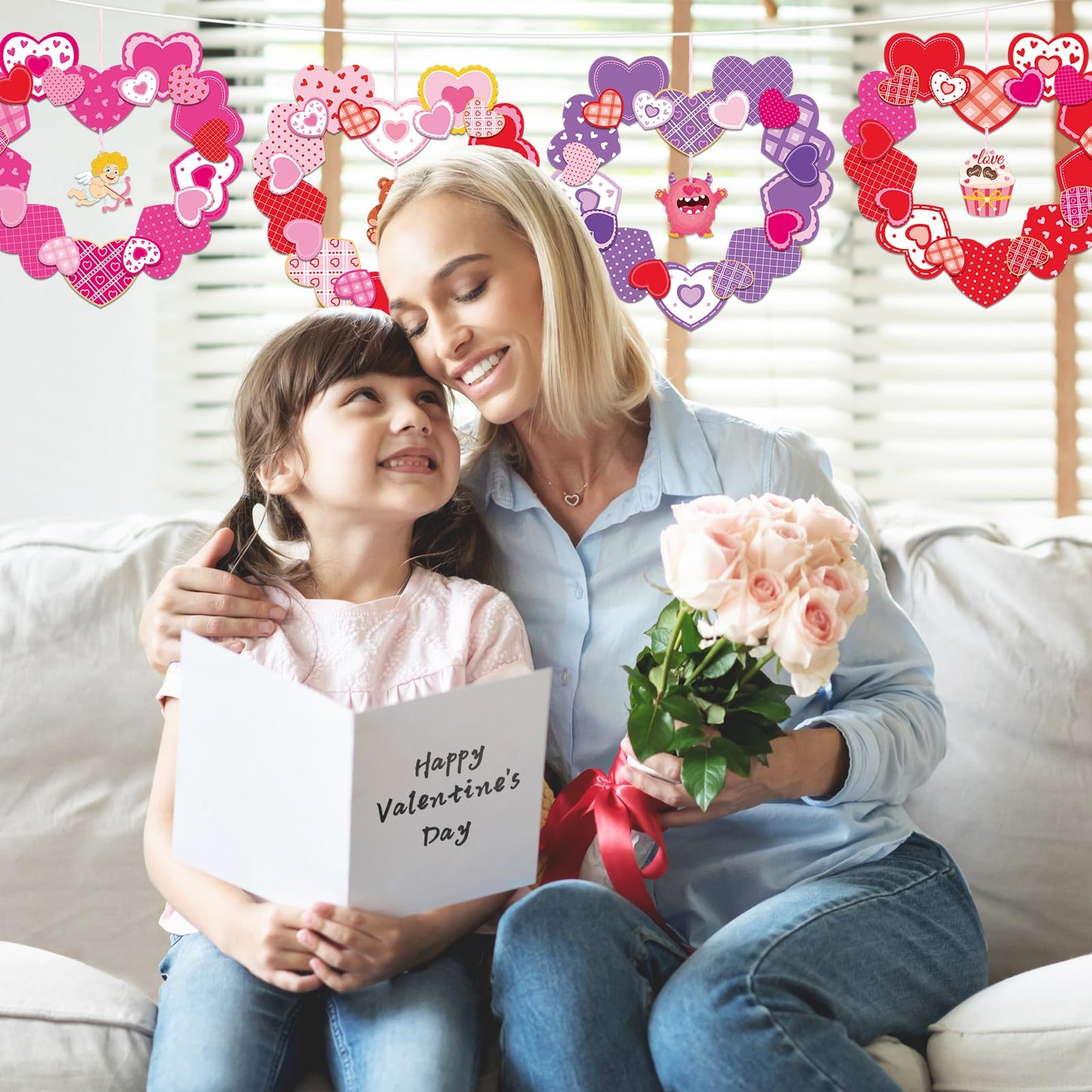 Lonfliness 24 Sets Valentines Wreath Craft for Kids DlY Hanging Decor Valentine's Day Heart Paper Wreath Craft Ornament with Heart Stickers Valentines Party Supplies for School Classroom Activities