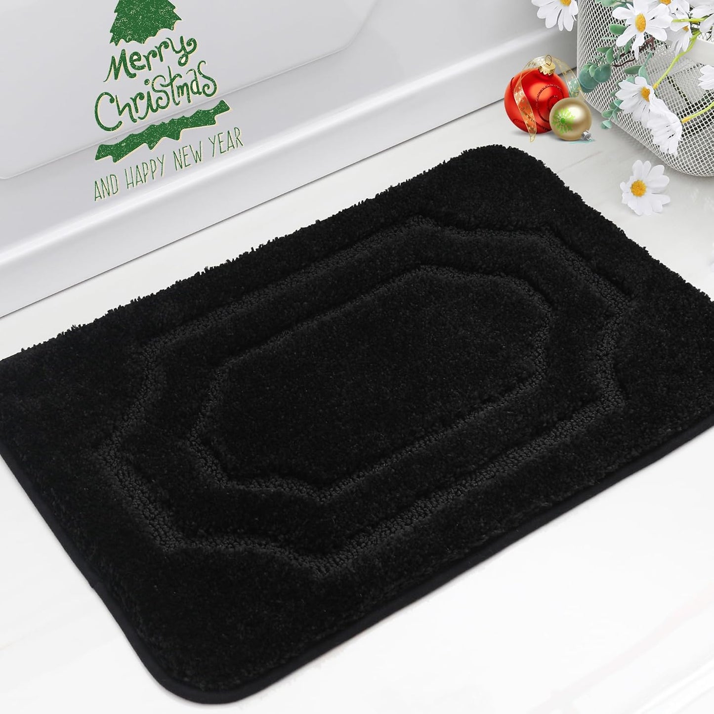 BEQHAUSE Bathroom-Rugs-Non-Slip-Bath-Mats for Bathroom Soft and Absorbent Polyester Microfiber Black Bath Mat Machine Washable Shaggy Shower Mat for Bathrooms, Bathtub and Sink,16" x24”
