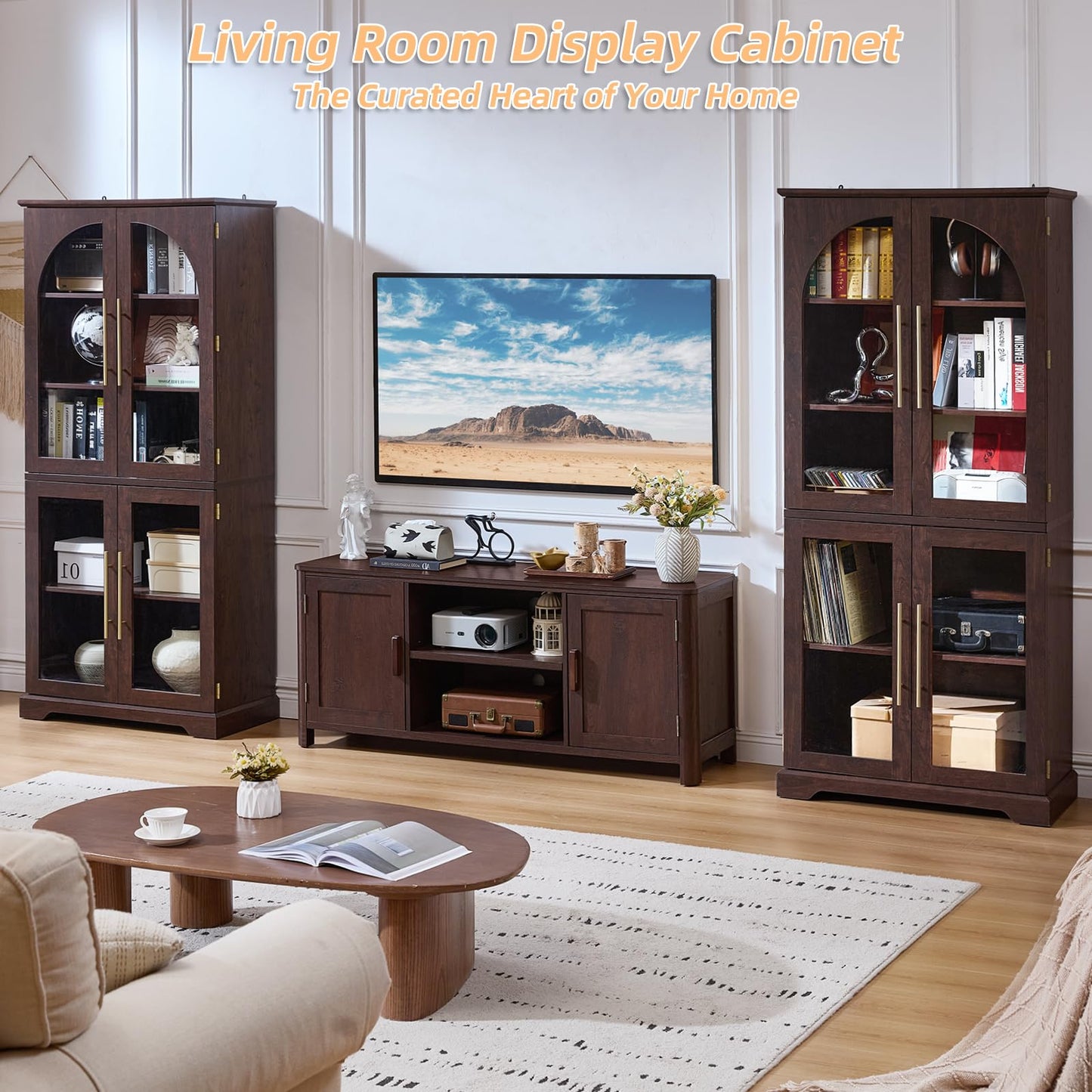Joaxswe 72" Tall Bookshelf Set of 2, Farmhouse Bookcase with 3-Tier Adjustable Shelves, Modern Living Room Display Cabinet with Glass Doors, Large Storage Cabinet for Home Office,Dining Room, Walnut