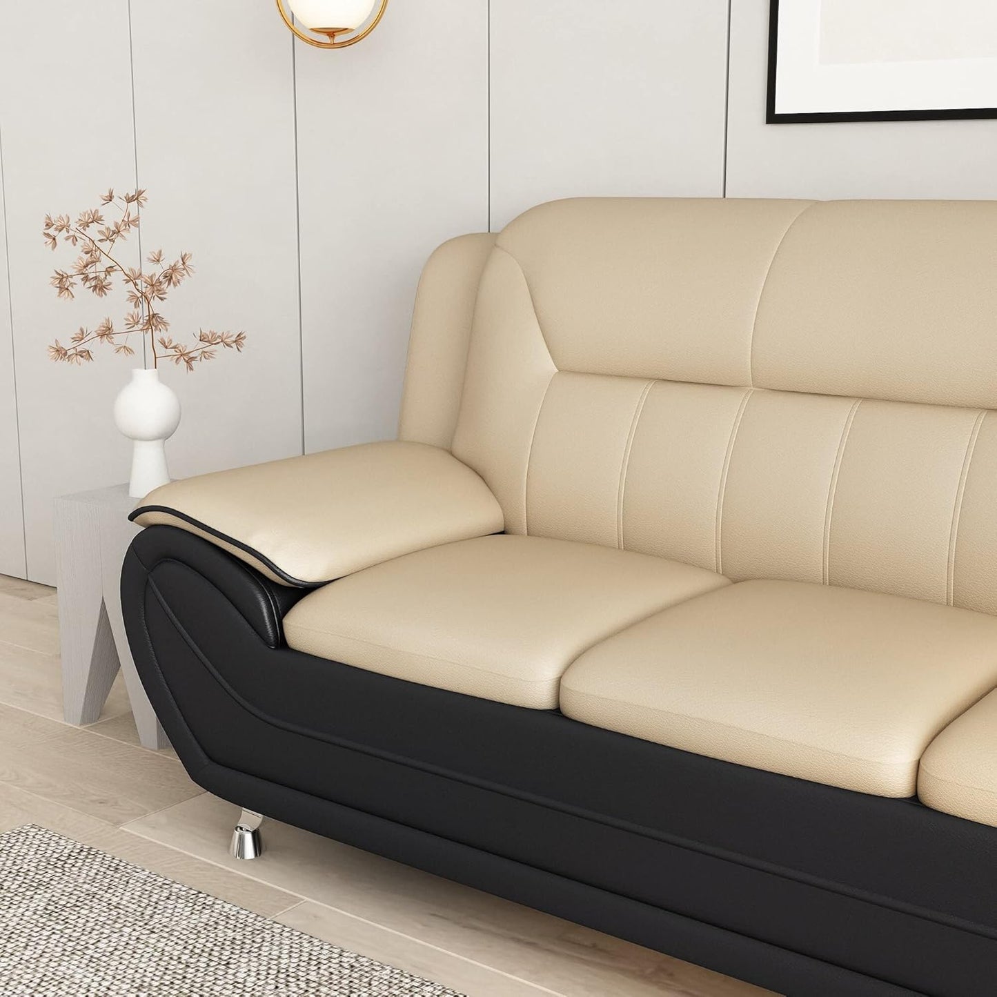 Container Furniture Direct Michael Modern Faux Leather Upholstered Stainless Steel Legs Living Room Sofa, Chair, Camel/Black