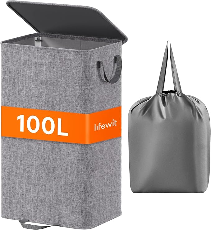 Lifewit Laundry Hamper with Lid and Removable Laundry Bag, Large Collapsible 1 Divider Dirty Clothes Basket with Handles for Bedroom, Laundry Room, Closet, Bathroom, College, 100L Gray