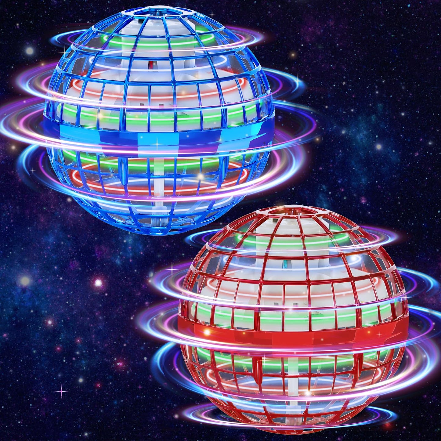 KIYTARBOO 2PCS Flying Orb Ball 2025, Galaxy Cosmic Fly Ball Boomerang, Hover Balls Fidget Spinner, Cool Toys Gifts for 6 7 8 9 10+ Year Old Boys Girls (Blue+Red)