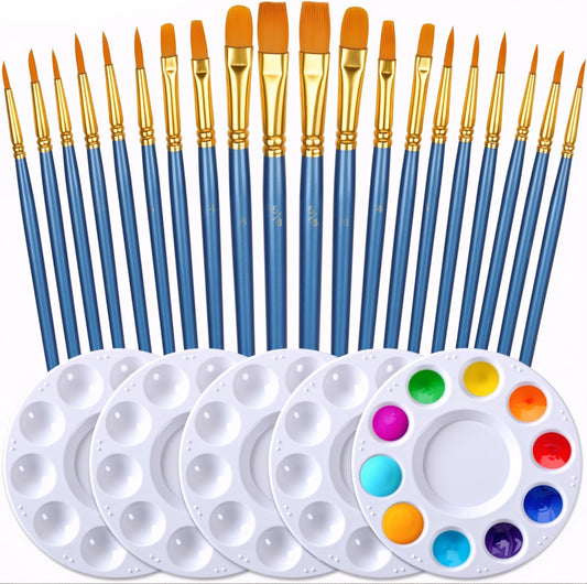 DUGATO Artist Paint Brush & Palette Set - 20 Nylon Painting Brushes (Assorted Sizes & Shapes) with 5 Plastic Mixing Trays - Ideal for Acrylic, Watercolor, Oil & Gouache Painting